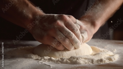 Rustic chef making pizza dough on dark background. Food preparation. Generative Ai © imagemir