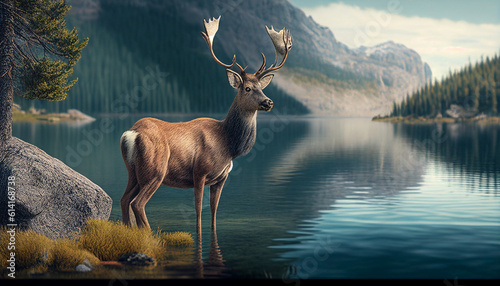 Illustration of a deer standing on an isolated lake