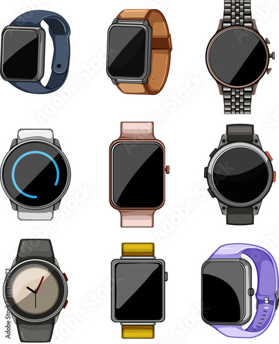 smart watch set cartoon. screen sport, digital hand, clock wearable, wrist modern smart watch sign. isolated symbol vector illustration