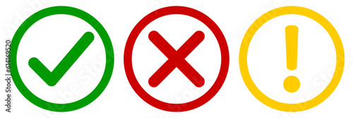 Vector set of flat round check mark, X mark icons, exclamation point. Checkmark, exclamation round sign, X mark -stock vector. Vector illustration in color green, yellow, red outline