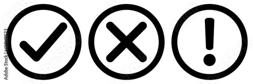 Right, Wrong, Exclamation mark color. Vector set of flat round check mark, X mark icons, exclamation point. Checkmark, exclamation round sign, X mark -stock vector. Vector illustration black outline