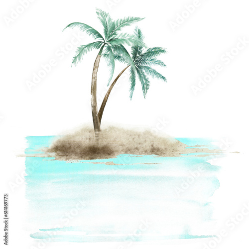 An island with palm trees in the sea  watercolor illustration. Summer time print.