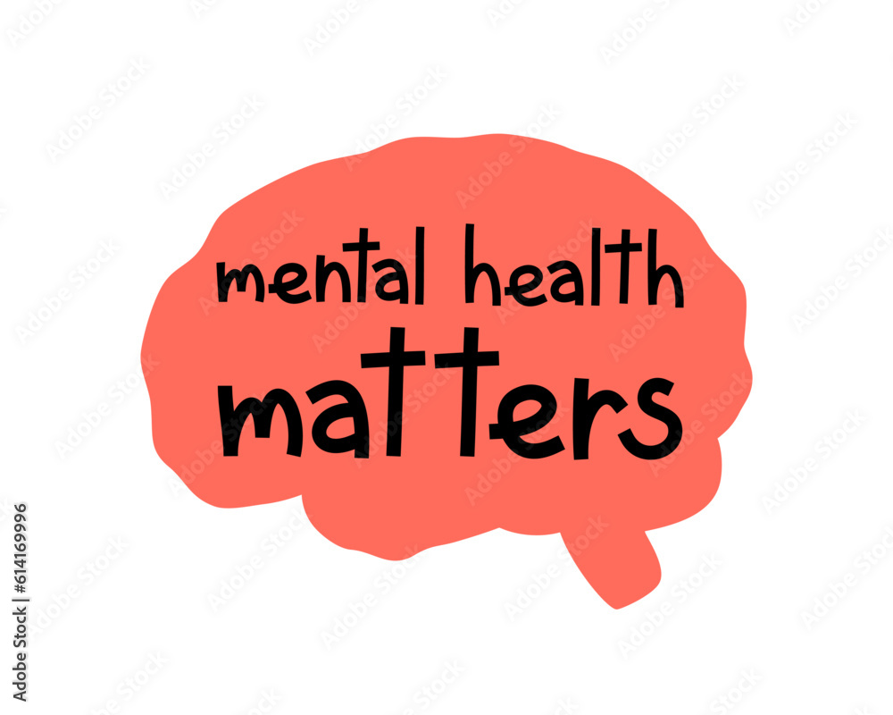 Hand drawn cute illustration mental health matters lettering phrase. Flat vector human brain abstract symbol in colored doodle style. Self love, self care sticker, icon. Isolated on white background. Hand drawn cute illustration mental health matters lettering phrase. Flat vector human brain abstract symbol in colored doodle style. Self love, self care sticker, icon. Isolated on white background.