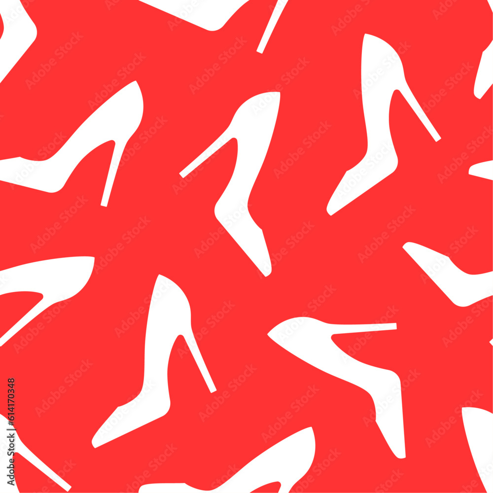 Women's shoes on red background. Vector seamless pattern. Best for textile, print, wrapping paper, package and festive decoration. Women's shoes on red background. Vector seamless pattern. Best for textile, print, wrapping paper, package and festive decoration.