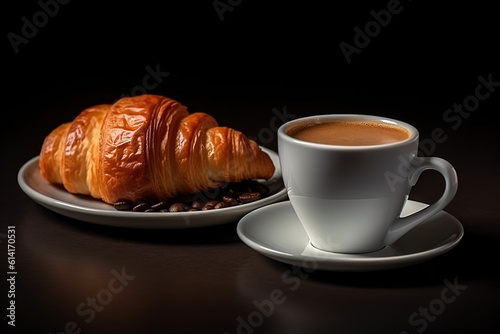 cup of coffee and croissants isolated on a black background. Created with Generative AI Technology