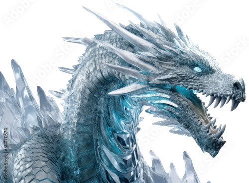 portrait of a phantasy ice dragon isolated on white  background as transparent PNG  generative AI animal