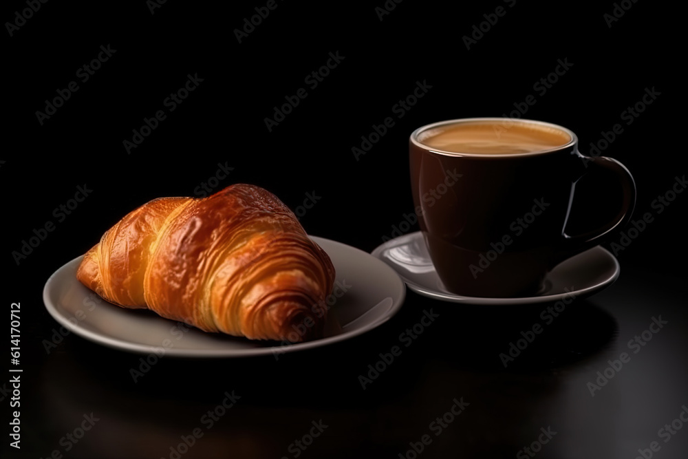 cup of coffee and croissants isolated on a black background. Created with Generative AI Technology cup of coffee and croissants isolated on a black background. Created with Generative AI Technology
