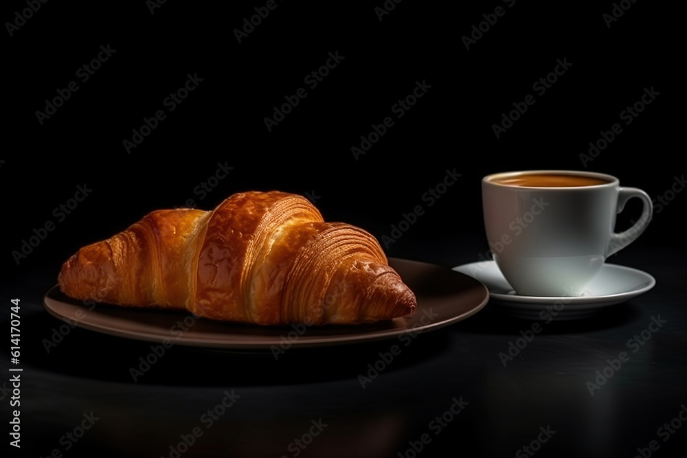 cup of coffee and croissants isolated on a black background. Created with Generative AI Technology cup of coffee and croissants isolated on a black background. Created with Generative AI Technology