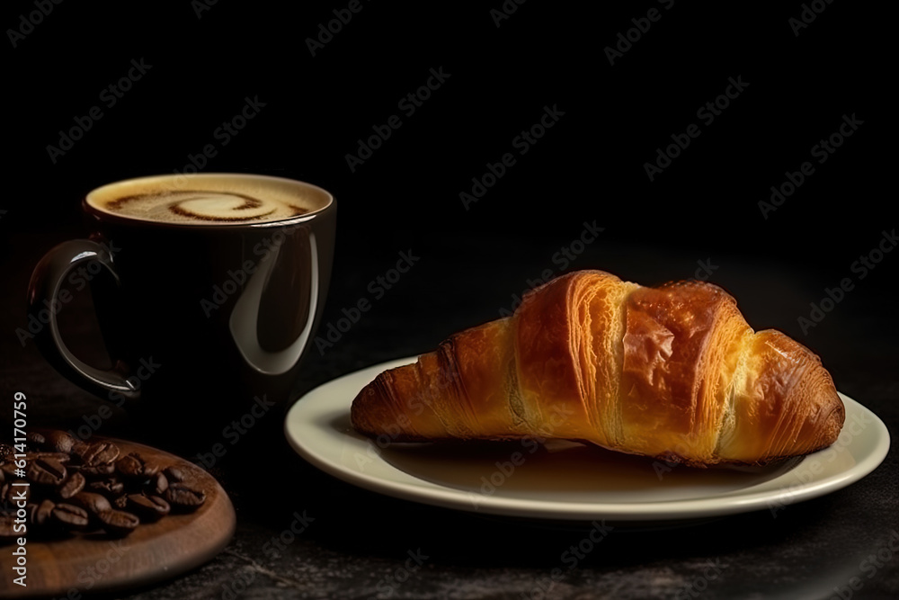cup of coffee and croissants isolated on a black background. Created with Generative AI Technology cup of coffee and croissants isolated on a black background. Created with Generative AI Technology