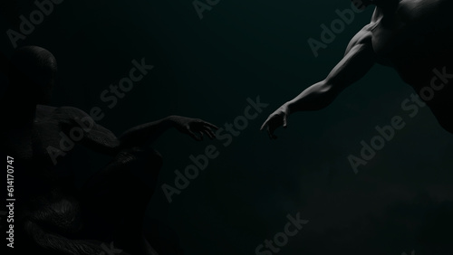 creation of Adam in 3d, the creator and the creation, mystical figures touch each other with a finger. 3d simulation