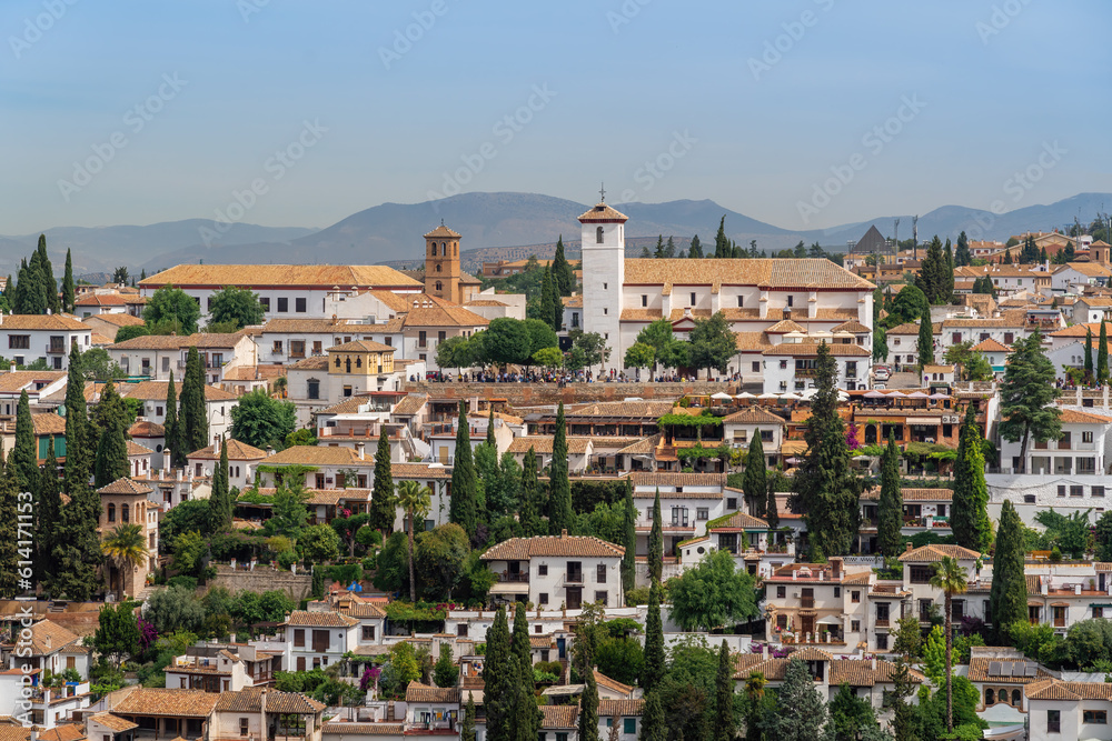 Aerial view San Nicolas Viewpoint and San Nicolas Church - Granada, Andalusia, Spain