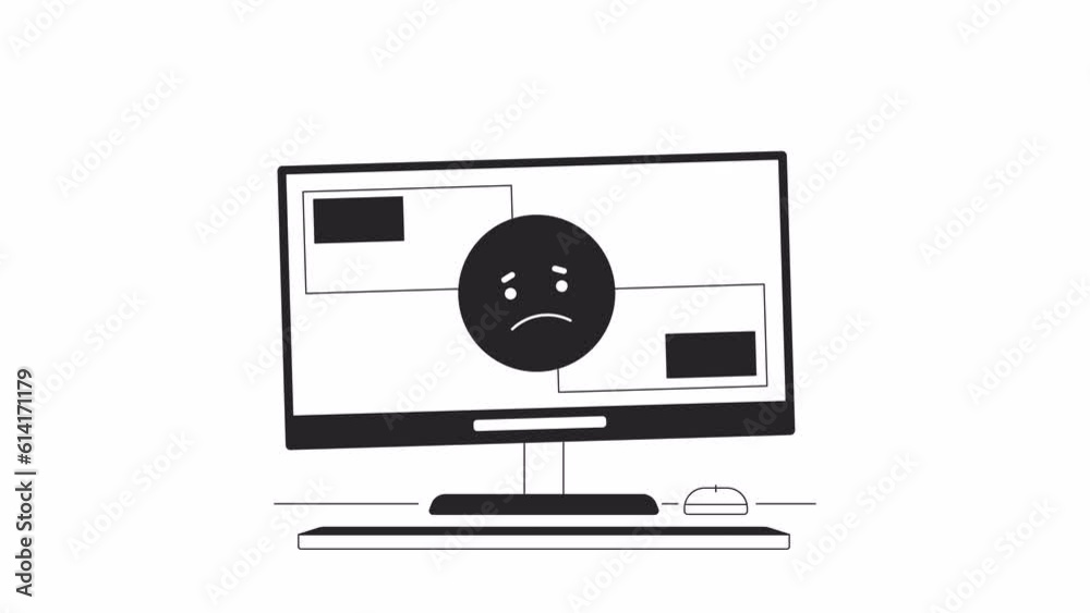 Computer problem bw animation. Animated sad emoji on cracked display 2D cartoon flat monochrome line object. Equipment 4K video concept footage on white with alpha channel transparency for web design Computer problem bw animation. Animated sad emoji on cracked display 2D cartoon flat monochrome line object. Equipment 4K video concept footage on white with alpha channel transparency for web design