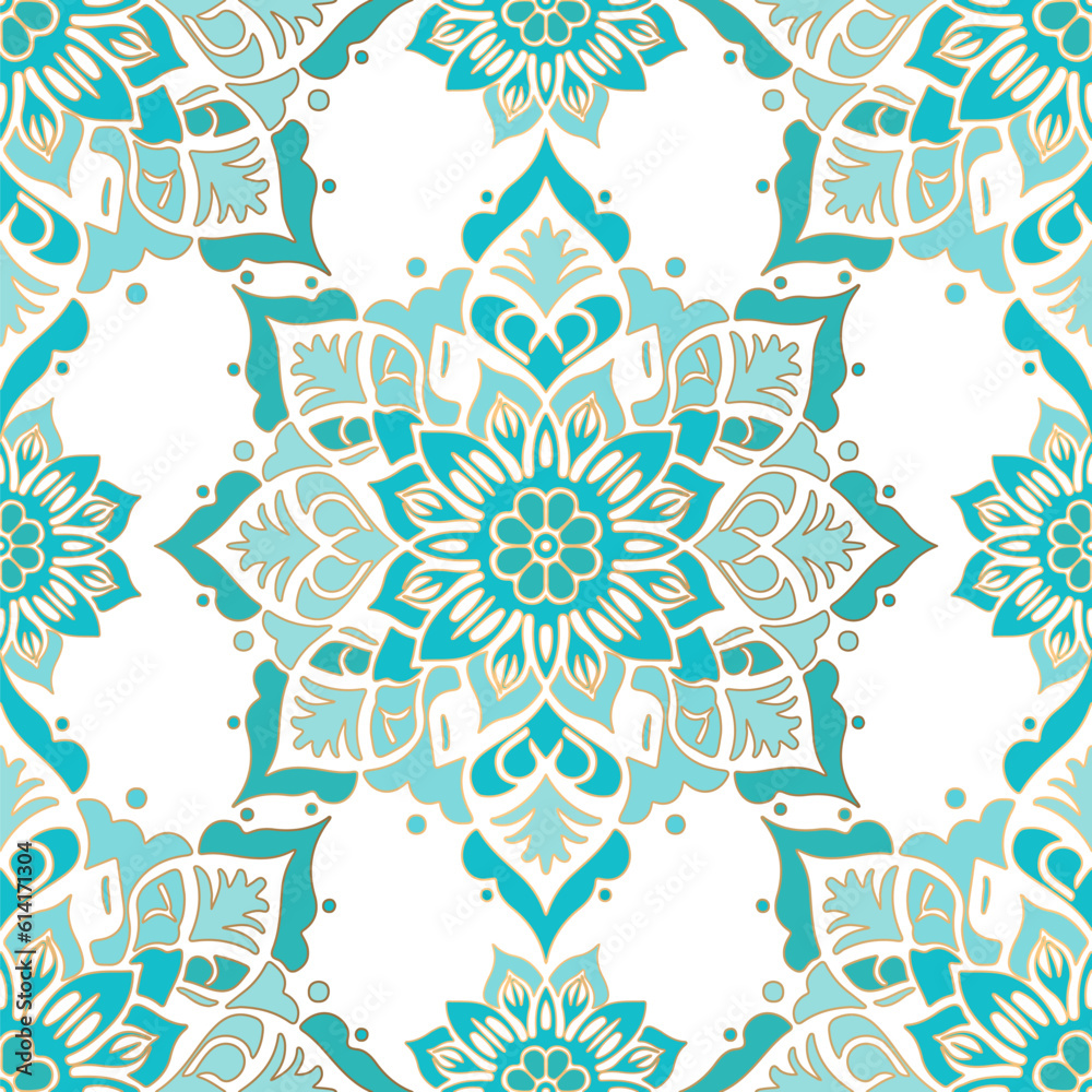 Gold and turquoise vector seamless pattern. Ornament, Traditional, Ethnic, Arabic, Turkish, Indian motifs. Great for fabric and textile, wallpaper, packaging design or any desired idea.