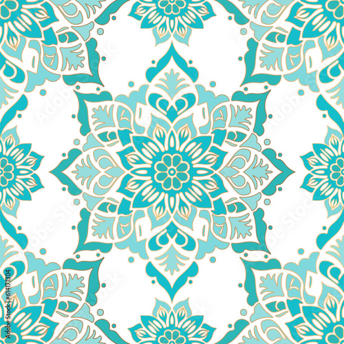 Gold and turquoise vector seamless pattern. Ornament, Traditional, Ethnic, Arabic, Turkish, Indian motifs. Great for fabric and textile, wallpaper, packaging design or any desired idea.