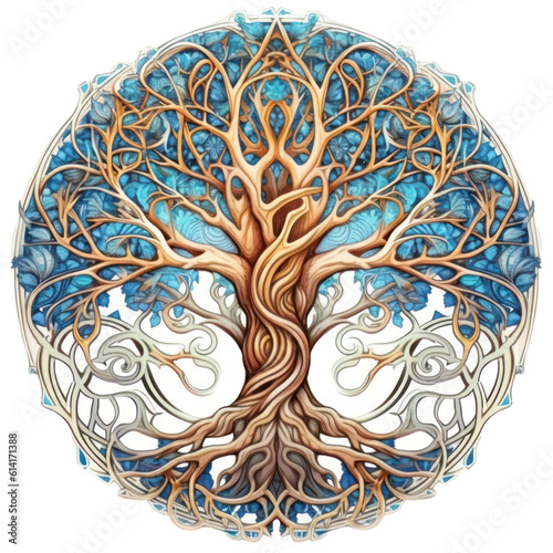Tree of Life, Celtic tree ornament isolated with a transparent background, blue, gold and silver round design of tree created with Generative AI.