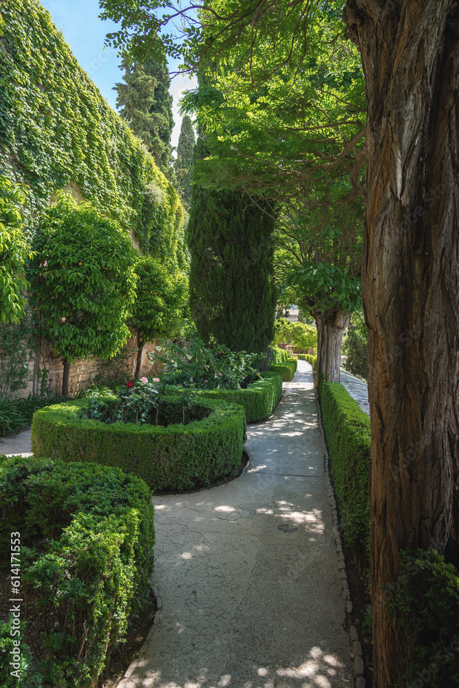 Garden of the Ramparts (Jardin de los Adarves) at Alcazaba area of Alhambra fortress - Granada, Andalusia, Spain