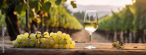 Fotografia white wine with grapes on old wooden table, blurred vineyard background