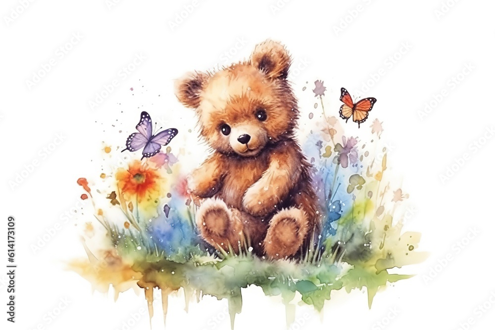 Fototapeta cute baby bear sits on grass with butterflies and flowers painted in watercolor on a white isolated background. Generative AI