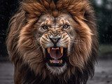 Furious lion portrait with intense eyes and big teeth. Lion head with grunge effect abstract lion portrait. Award-winning wildlife image. Realistic 3D illustration. Generative AI
