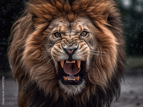 Furious lion portrait with intense eyes and big teeth. Lion head with grunge effect abstract lion portrait. Award-winning wildlife image. Realistic 3D illustration. Generative AI © Vagner Castro