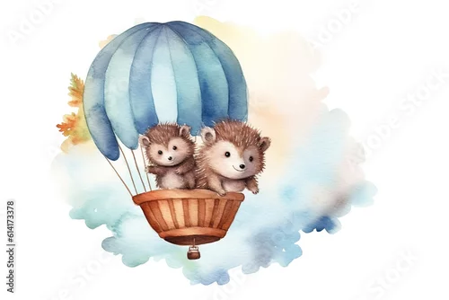 Obraz Cute mom and baby hedgehog in hot air balloon painted in watercolor on a white isolated background. Generative AI