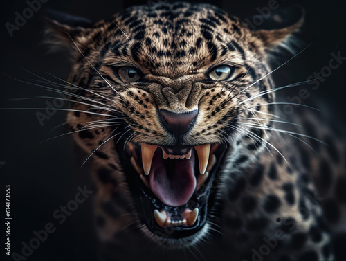 Furious leopard portrait with intense eyes and big teeth. Leopard head with grunge effect abstract leopard portrait. Award-winning wildlife image. Realistic 3D illustration. Generative AI