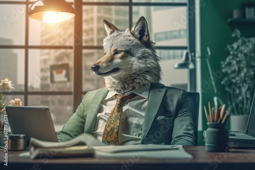 Fashion photography of a anthropomorphic Wolve dressed as businessman clothes in office