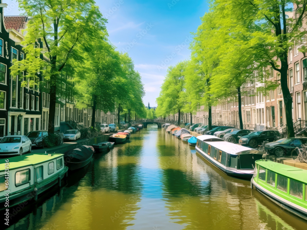Colorful image of the canals of Amsterdam in the summertime