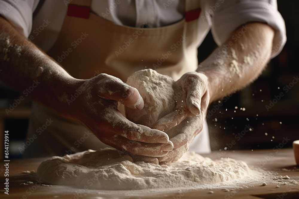 Chef's Hands - Flour into Dough - Flour Kneading - Flour on Kitchen counter - Dough Preparation