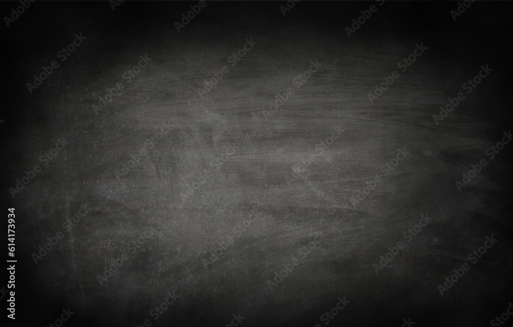Chalkboard or black board texture abstract background with grunge dirt white chalk rubbed out on blank black billboard wall