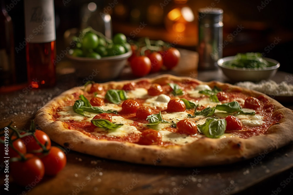 Wood-Fire Pizza - Thin Crust Cheesy Pizza with Tomato, Cherry Tomatoes, Basil Leaves - Cheese and tomato sauce - Pizzeria - Authentic Italian Pizza
