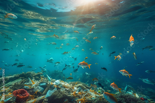 Fishes underwater in Ocean with plastic pollution - Global change - Marine Pollution - Plastic Waste - Dying Fish
