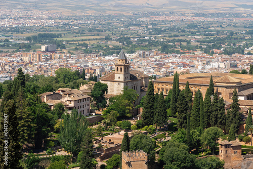 Aerial view of Church of Santa Maria de la Alhambra - Granada, Andalusia, Spain