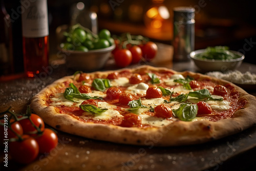 Wood-Fire Pizza - Thin Crust Cheesy Pizza with Tomato, Cherry Tomatoes, Basil Leaves - Cheese and tomato sauce - Pizzeria - Authentic Italian Pizza
