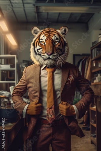 Fashion photography of a anthropomorphic Tiger dressed as businessman clothes in office