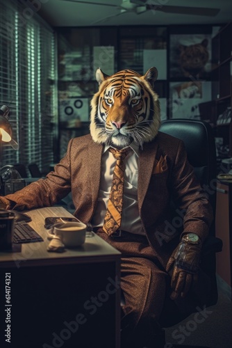 Fashion photography of a anthropomorphic Tiger dressed as businessman clothes in office