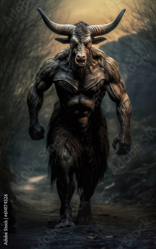 Illustration of a full body minotaur walking. Minotaur warrior. Retro mythology wildlife full-length portrait depicting a minotaur. Minos the Bull. Realistic 3D illustration. Generative AI photo