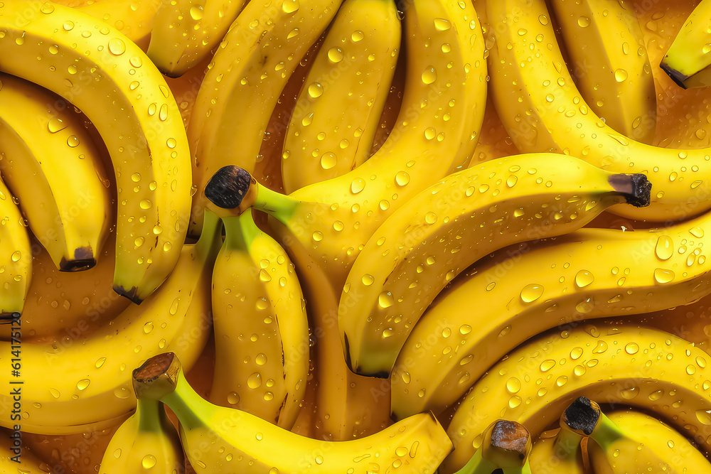 seamless background of many beautiful and shiny banana, top view.