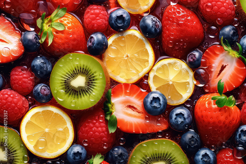 seamless background of many beautiful and shiny fruits  top view.