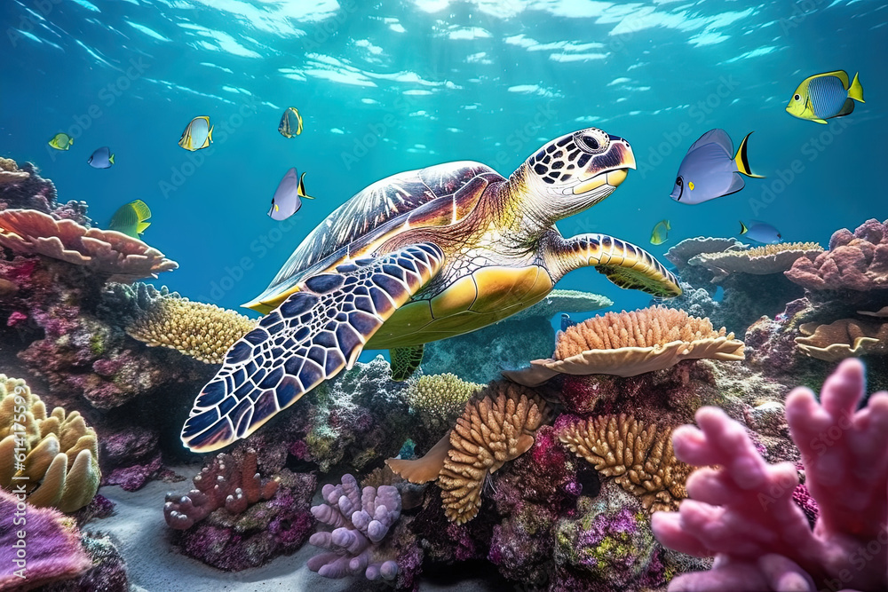 Sea turtle swims underwater on the background of coral reefs Sea turtle swims underwater on the background of coral reefs