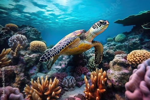 Sea turtle swims underwater on the background of coral reefs