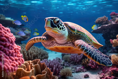 Sea turtle swims underwater on the background of coral reefs © dewaai