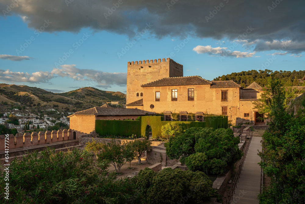 Exterior view of Nasrid Palaces of Alhambra at sunset - Granada, Andalusia, Spain