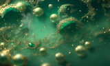 Green Christmas Balls Marbles Covered in Gold and Diamonds Ornament Liquid Luxury Wallpaper, Generative AI