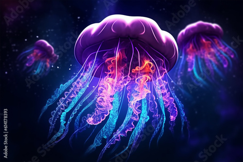 Bioluminescence. Blue, teal, purple glowing jellyfish and underwater ocean marine life