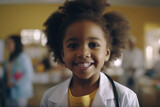 African-American kid doctor His smile reflects the deep connection he establishes with her audience, an uplifting and empowering experience, using his chin and looking at the camera. 