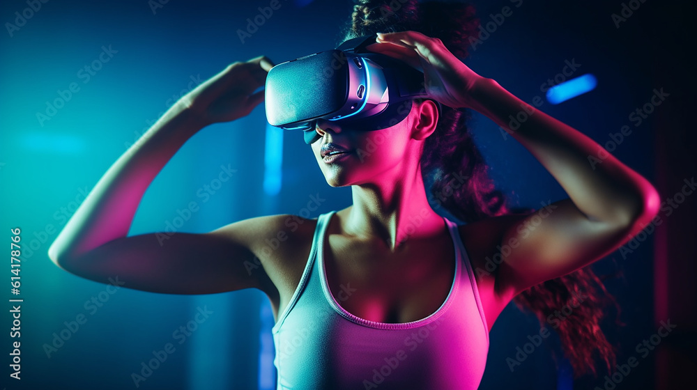 Generative AI. An elegant woman is engaging in virtual sports while wearing VR glasses Generative AI. An elegant woman is engaging in virtual sports while wearing VR glasses