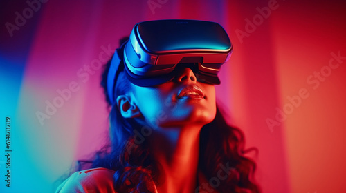 Generative AI. An elegant woman is engaging in virtual sports while wearing VR glasses