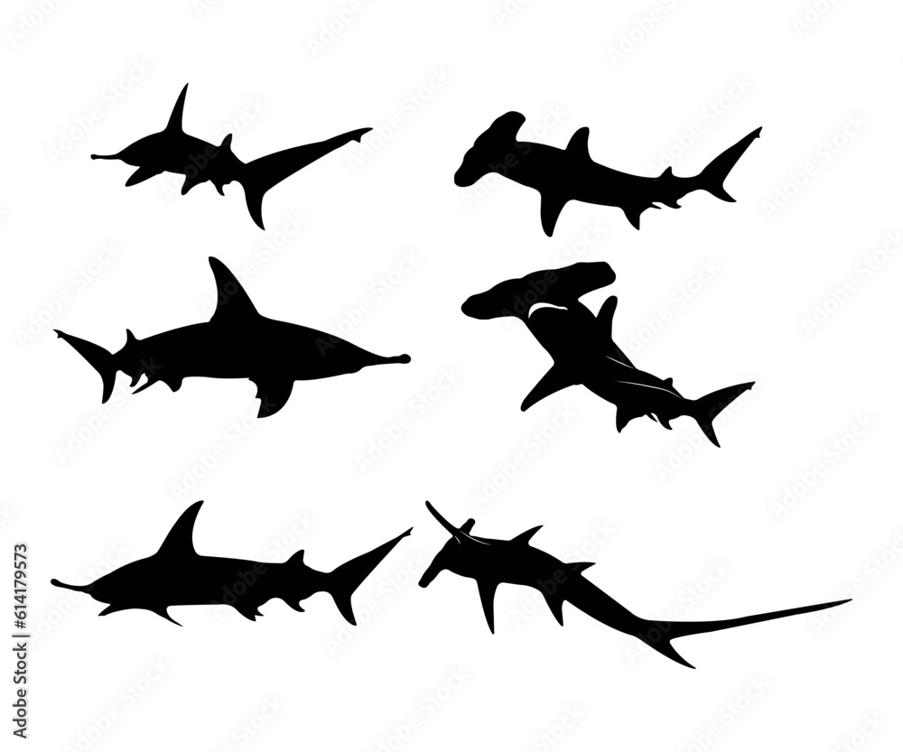 Collection of hammerhead shark vector silhouettes isolated on a white background - obrazy, fototapety, plakaty 