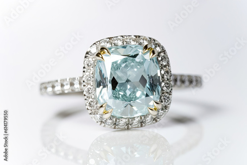 light blue cushion cut diamond white background ,diamonds on white background,silver ring with diamonds © Moon